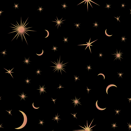 Seamless pattern with suns, moons and stars. Vector gold and black illustration. Print could be used for textile, zodiac star yoga mat, underwearのイラスト素材