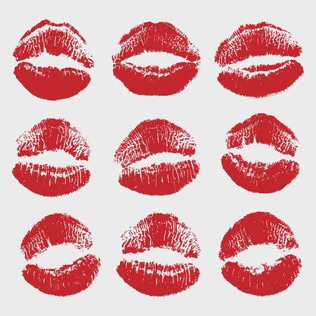 Print of red lips set. World kiss day, Valentine's day design elements. Vector illustration of womans girl red lipstick kiss mark isolated on white background.のイラスト素材