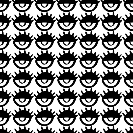 Seamless doodle trendy pattern with cartoon eyes. Teenage style background. Modern abstract fashion printのイラスト素材