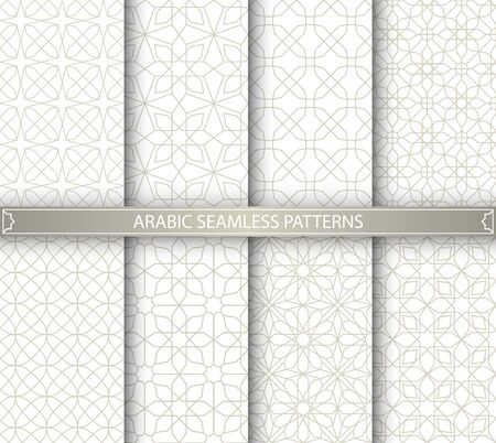 Set light geometrical patterns. White, beige grille texture in Arabic, Oriental style. A seamless vector background.のイラスト素材