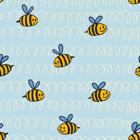 Seamless baby vector pattern with bees in doodle style. Cute kids backgroundのイラスト素材