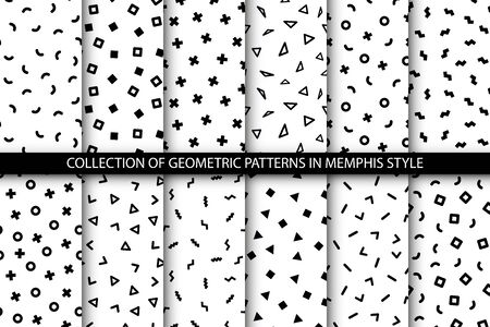 Collection of trendy memphis patterns - seamless. Fashion 80-90s. Black and white mosaic textures.のイラスト素材