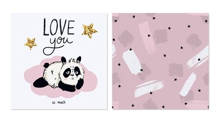 Happy birthday, celebration greeting and invitation card and seamless pattern with cute panda. Vector illustration. Love you letteringのイラスト素材