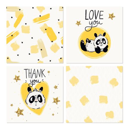 Happy birthday, baby shower for newborn celebration greeting and invitation cards, seamless patterns with cute panda emotions. Vector illustrations. Love you, Thank you letteringのイラスト素材