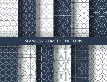 Set of seamless geometric patterns. Rich blue and white line backgrounds collection. Endless repeating linear texture for wallpaper, packaging, banners, invitations, business cards, fabric printのイラスト素材