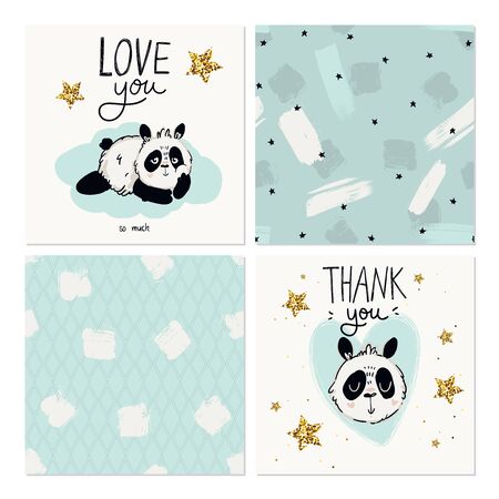 Happy birthday, baby shower for newborn celebration greeting and invitation cards, seamless patterns with cute panda emotions. Vector illustrations. Love you, Thank you letteringのイラスト素材