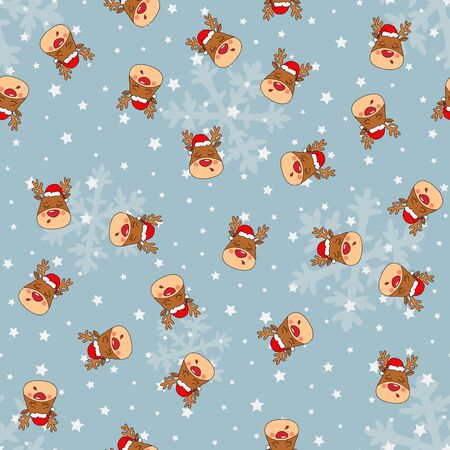 Seamless Christmas pattern with Rednosed Reindeer on a background snowfall and shooting stars. Perfect for gift wrapping paper or background for holiday designsのイラスト素材