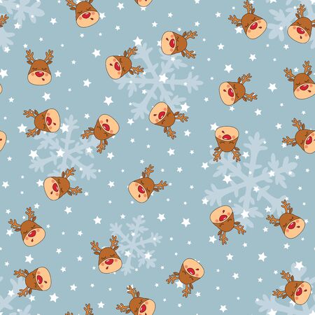 Seamless Christmas pattern with Rednosed Reindeer on a background snowfall and shooting stars. Perfect for gift wrapping paper or background for holiday designsのイラスト素材