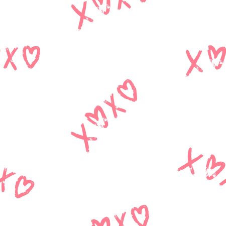 Valentine Day Heart and watercolor lettering xoxo in pink over light background. Vector minimalistic illustrationのイラスト素材