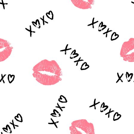 Valentine Day Heart and watercolor lettering xoxo and kiss marks in pink over light background. Vector minimalistic illustrationのイラスト素材