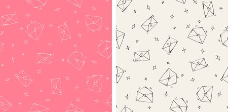 Letter doodle seamless pattern. Love envelope with stars in 2 colors. Doodle style pattern for valentines day. Hand drawn envelope.のイラスト素材