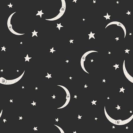 Seamless dark pattern with moons and stars. Vector illustration.のイラスト素材