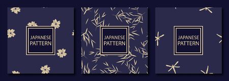 Set of 3 luxury patterns in asian style. Vector seamless background in rich dark blue and gold colors.のイラスト素材