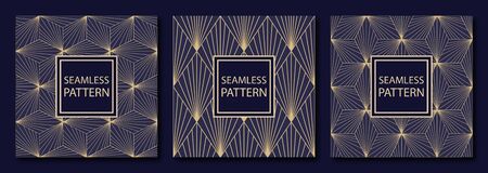 Collection of 3 luxury geometric ornamental patterns. Seamless vector backgrounds. Dark rich blue and gold texturesのイラスト素材