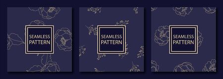 Collection of 3 luxury vintage seamless patterns with flowers. Book cover, card invitation with flower texture. Rich dark blue and gold colors. Vector illustration.のイラスト素材