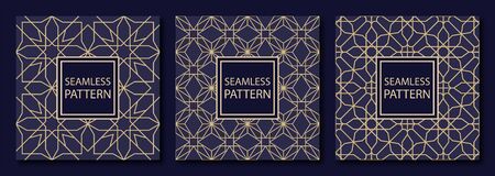 Collection of 3 luxury geometric ornamental patterns. Seamless vector backgrounds. Dark rich blue and gold texturesのイラスト素材