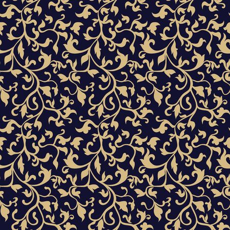 Wallpaper in the style of Baroque, damask. A seamless vector background. Gold and blue-black ornamentのイラスト素材