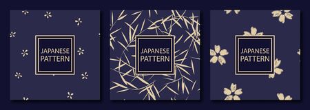 Collection of 3 luxury vintage seamless patterns with flowers. Book cover, card invitation with flower texture. Rich dark blue and gold colors. Vector illustration.のイラスト素材