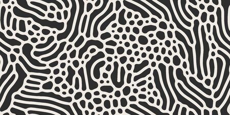 Vector seamless black and white organic rounded maze lines pattern. Abstract background in biological styleのイラスト素材