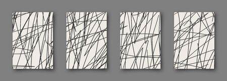 Set of abstract backgrounds. Hand drawn doodle various shapes. Scribble vector posters. Contemporary modern trendy vector illustrations. Every banner is isolated. Monochrome colorsのイラスト素材