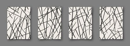 Set of abstract backgrounds. Hand drawn doodle various shapes. Scribble vector posters. Contemporary modern trendy vector illustrations. Every banner is isolated. Monochrome colorsのイラスト素材