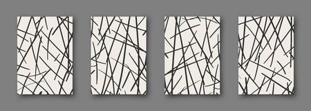 Set of abstract backgrounds. Hand drawn doodle various shapes. Scribble vector posters. Contemporary modern trendy vector illustrations. Every banner is isolated. Monochrome colorsのイラスト素材