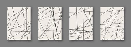 Set of abstract backgrounds. Hand drawn doodle various shapes. Scribble vector posters. Contemporary modern trendy vector illustrations. Every banner is isolated. Monochrome colorsのイラスト素材