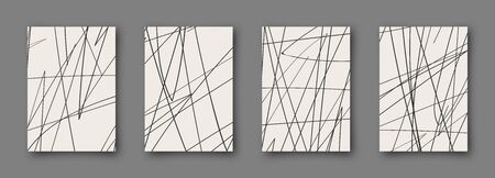 Set of abstract backgrounds. Hand drawn doodle various shapes. Scribble vector posters. Contemporary modern trendy vector illustrations. Every banner is isolated. Monochrome colorsのイラスト素材