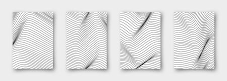 Set of 4 abstract vector wavy backgrounds. Striped simple minimalistic linear monochrome posters for your business.のイラスト素材