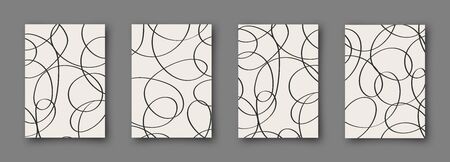 Set of abstract backgrounds. Hand drawn doodle various shapes. Scribble vector posters. Contemporary modern trendy vector illustrations. Every banner is isolated. Monochrome colorsのイラスト素材