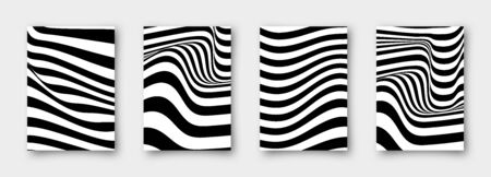 Set of 4 abstract vector wavy backgrounds. Striped simple minimalistic linear monochrome posters for your business.のイラスト素材
