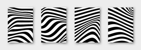 Set of 4 abstract vector wavy backgrounds. Striped simple minimalistic linear monochrome posters for your business.のイラスト素材