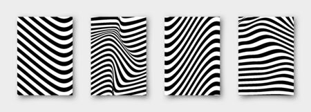 Set of 4 abstract vector wavy backgrounds. Striped simple minimalistic linear monochrome posters for your business.のイラスト素材