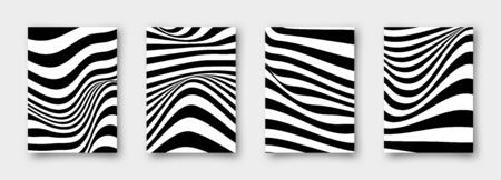 Set of 4 abstract vector wavy backgrounds. Striped simple minimalistic linear monochrome posters for your business.のイラスト素材