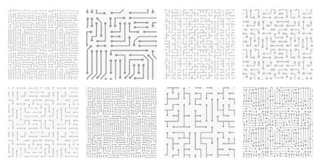 Collection of 8 seamless monochrome electronic pattern. Vector illustrations of circuit board. Cyber high-tech textures.のイラスト素材