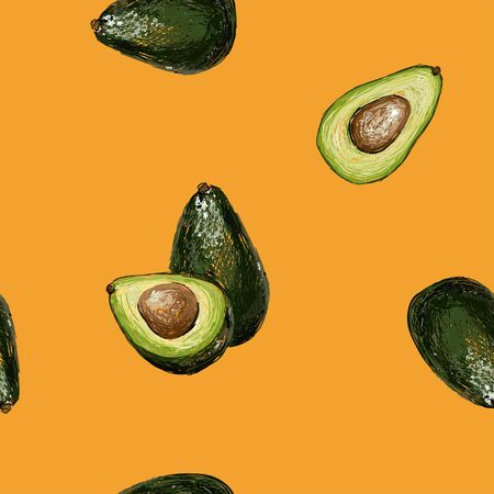 Seamless vector hand drawn pattern with avocado in doodle style on a yellow summer background. Healthy food green texture.のイラスト素材