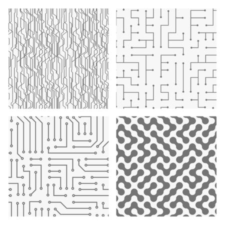Collection of 4 seamless monochrome electronic pattern. Vector illustrations of circuit board. Cyber high-tech textures.のイラスト素材