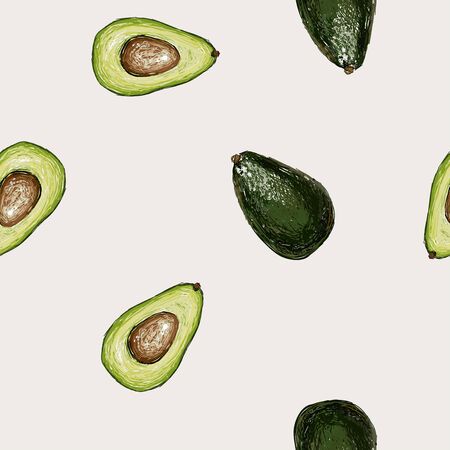 Seamless vector hand drawn pattern with avocado in doodle style on a beije background. Healthy food green texture.のイラスト素材