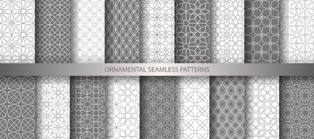 Big collection of light grey geometrical classic patterns. White, gray grille texture in Arabic, Oriental style. Set of seamless vector backgrounds.のイラスト素材