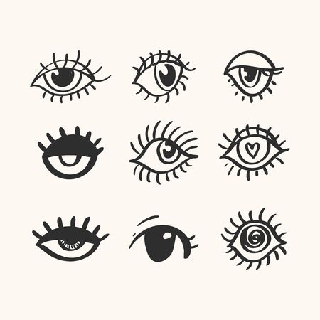 Doodle style vector eyes sketch - includes a variety of eyes with lashes. Trendy hand drawn elementsのイラスト素材
