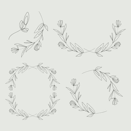 Vector set of isolated flower wreath. Decorative linear delicate hand drawn frame for your designのイラスト素材