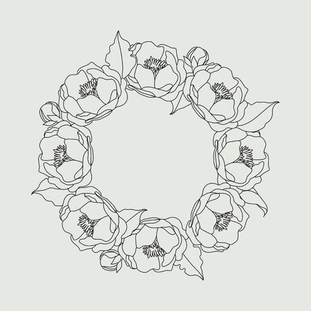 Vector isolated flower wreath. Decorative linear delicate hand drawn frame for your designのイラスト素材
