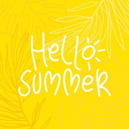 Vector handwritten lettering composition. Phrase Hello Summer. Vector illustration with tropical leavesのイラスト素材