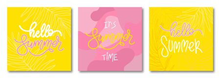 Set of 3 Hello summer banner templates. Hand drawn vector illustrations with lettering phrases for...