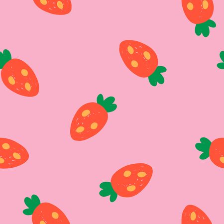 Hand drawn vector strawberry pattern in doodle style. Background with pink color.