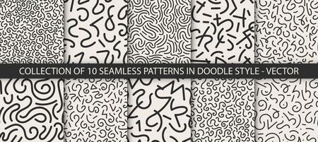 Collection of 10 seamless trendy fashion abstract backgrounds in doodle style. Vector creative patternsのイラスト素材
