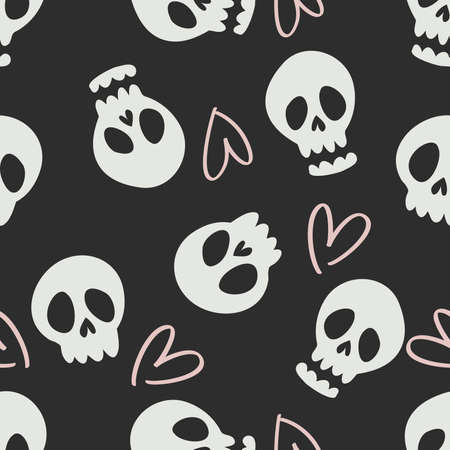 Vector seamless halloween pattern with sculls and hearts. Doodle backgroundのイラスト素材