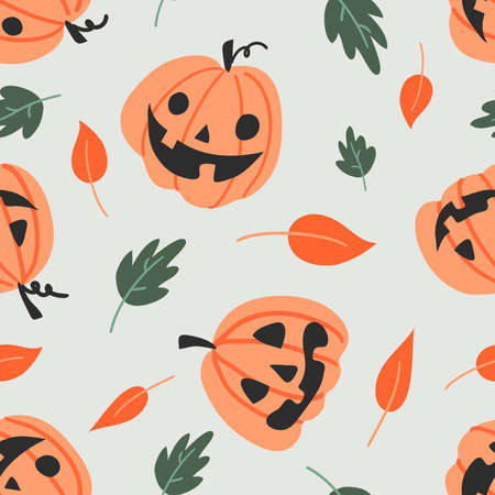 Vector seamless pattern for Halloween. Pumpkin and autumn leaf in doodle kids style. Bright cartoon pattern for Halloweenのイラスト素材