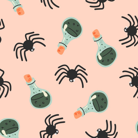 Seamless pattern with potion pot, spider, poison for Halloween. Vector doodle cartoon backgroundのイラスト素材