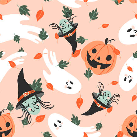 Vector seamless pattern for Halloween. Pumpkin, ghost, witch and other items on Halloween theme. Bright cartoon pattern for Halloweenのイラスト素材